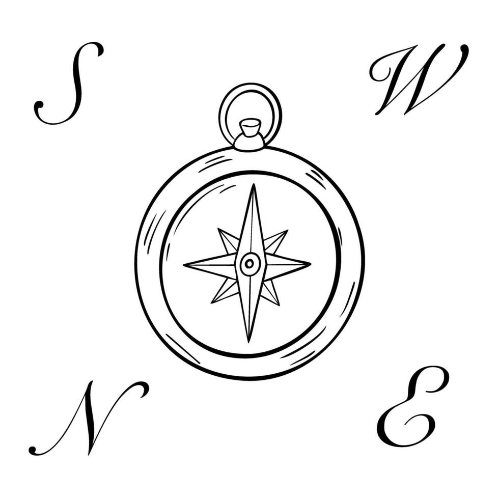Set of nautical compass and symbols black and white illustration isolated. Marines compass silhouette hand drawn ink. Adventure items painted in line art. Simple outline marine drawing vector