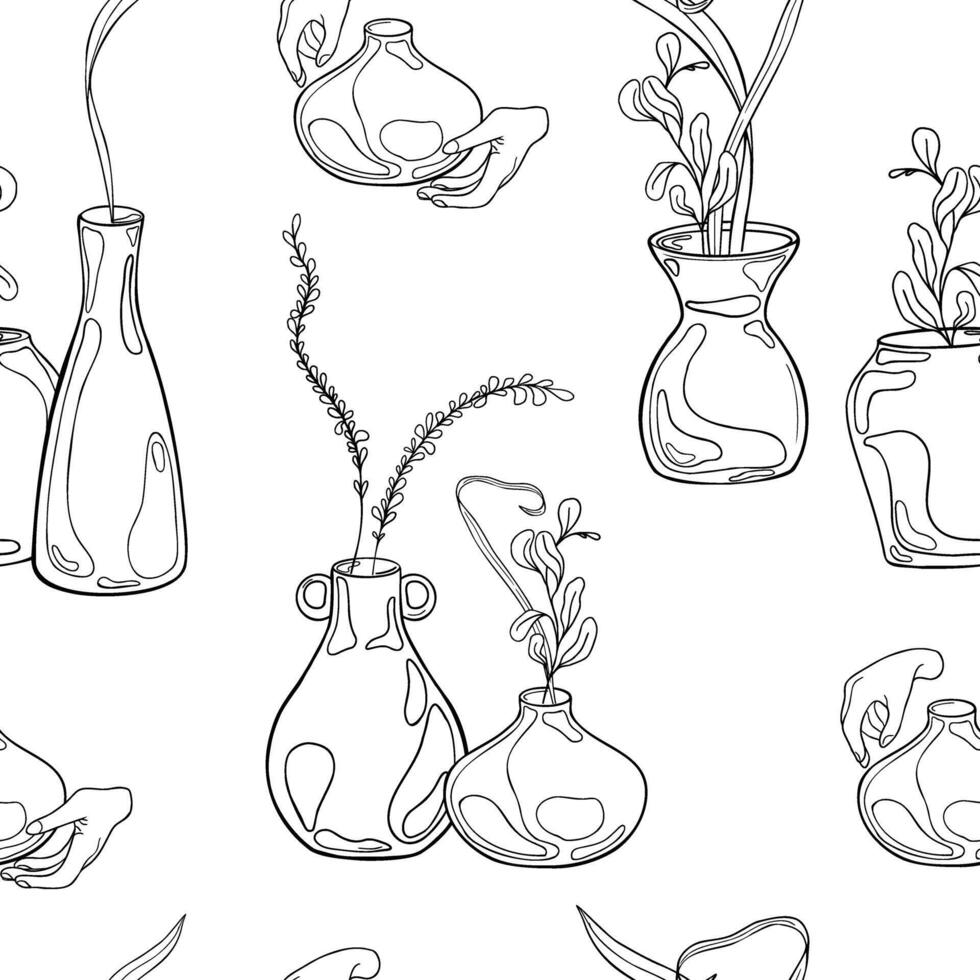 Clay vases with plant branches black white seamless pattern isolated. Ink silhouette pot and floral elements in line art endless background. Pattern with pottery and floral elements for textile vector