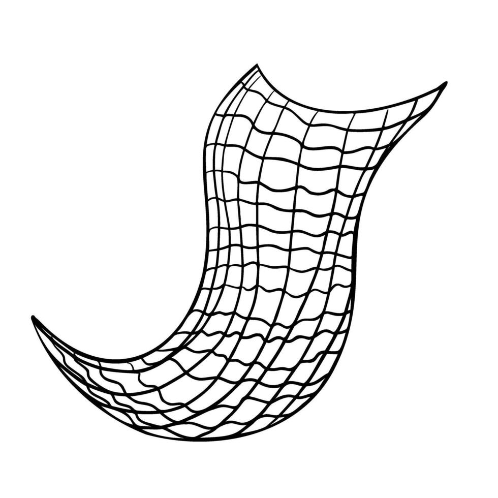 Fishing net black and white illustration isolated. Seine silhouette hand drawn by ink. Fishnet in line art. Design element for label fish product, market, fishing sport vector