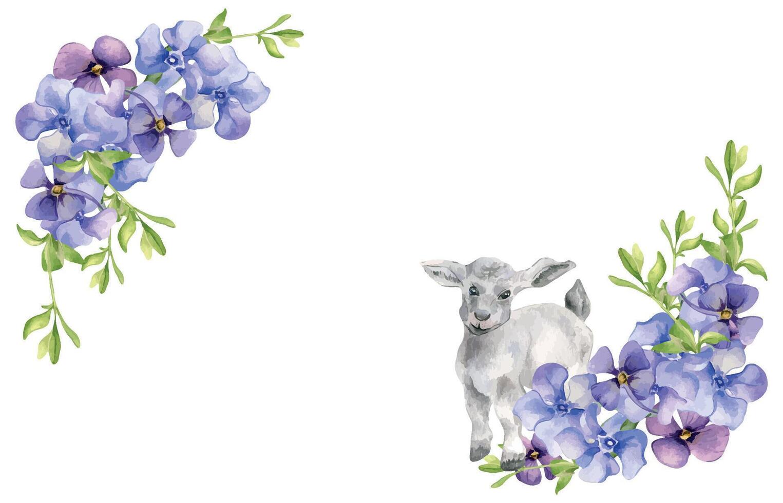 Easter watercolor floral banner with lamb isolated on white. Baby sheep in blue flowers painted for Easter design border. First blue spring flowers and little goat hand drawn vector