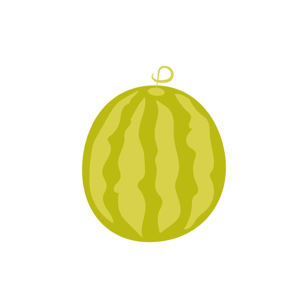 Simple whole watermelon isolated on white background. Hand drawn flat cartoon style. Watermelon icon. Fresh summer fruit vector