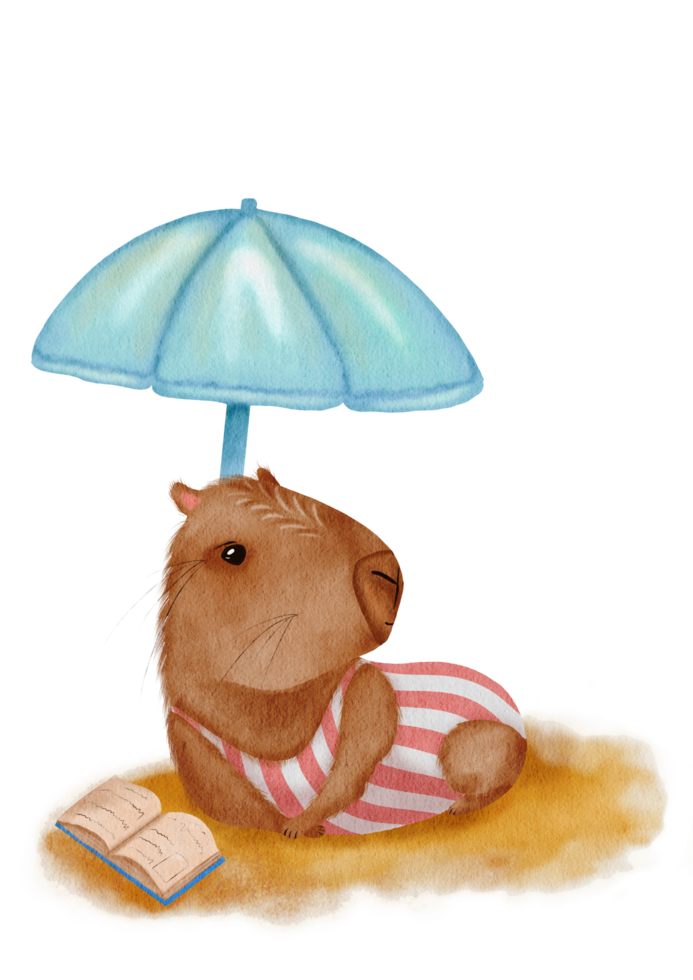 Cute Capybara Sunbathing. Fun Watercolor Illustration of Beach Vacation with Umbrella and Book png