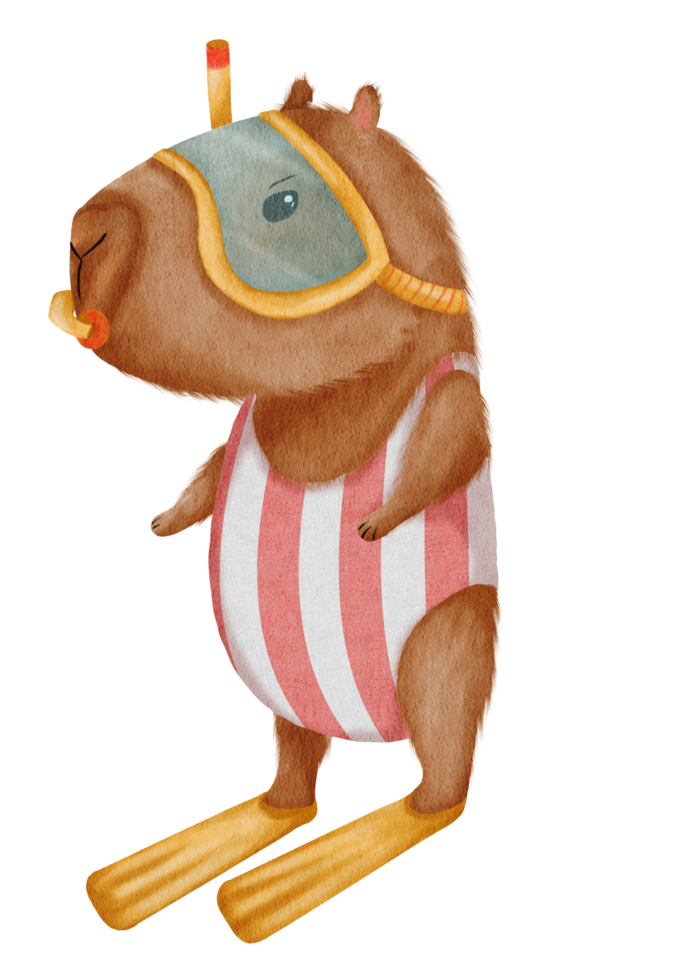 Cute Capybara Sunbathing. Fun Watercolor Illustration of Beach Vacation with Flippers and Mask png