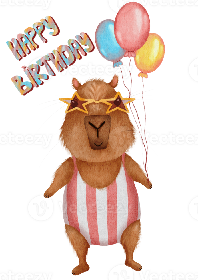 Cute Capybara Sunbathing. Fun Watercolor Beach Vacation with Balloons and Happy Birthday Greeting png