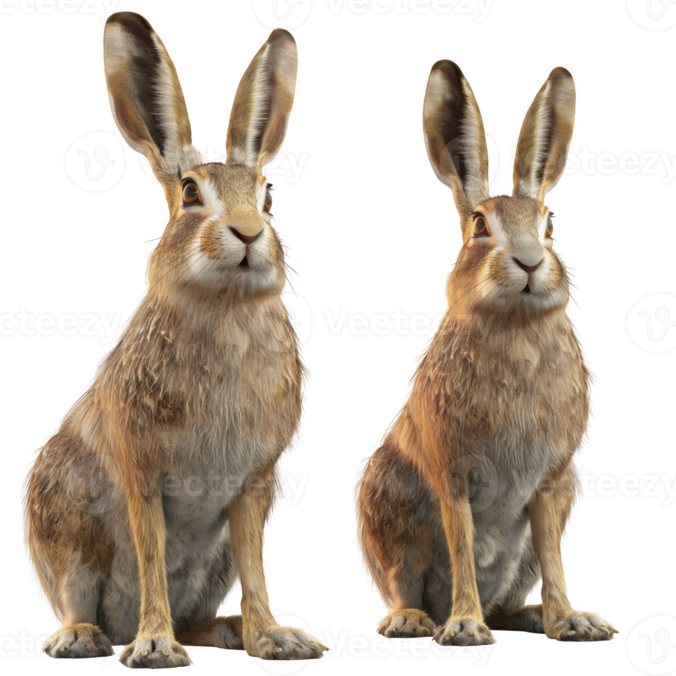 Two hares sitting side by side looking curious and alert png