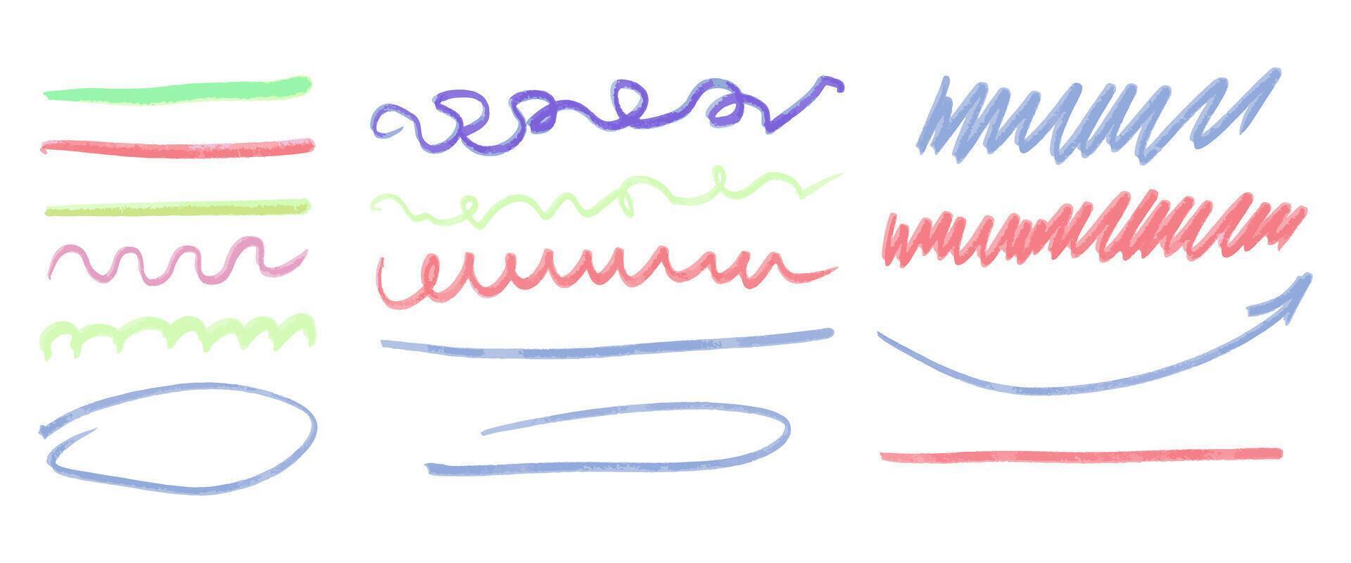 A series of colorful lines and squiggles are shown, with one of them being a green arrow pointing to the right. Concept of creativity and playfulness, as the lines vector