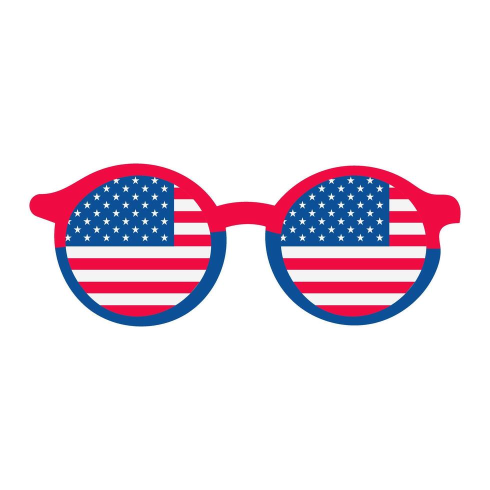 A pair of sunglasses with the American flag on the lenses. The sunglasses are red, white, and blue vector