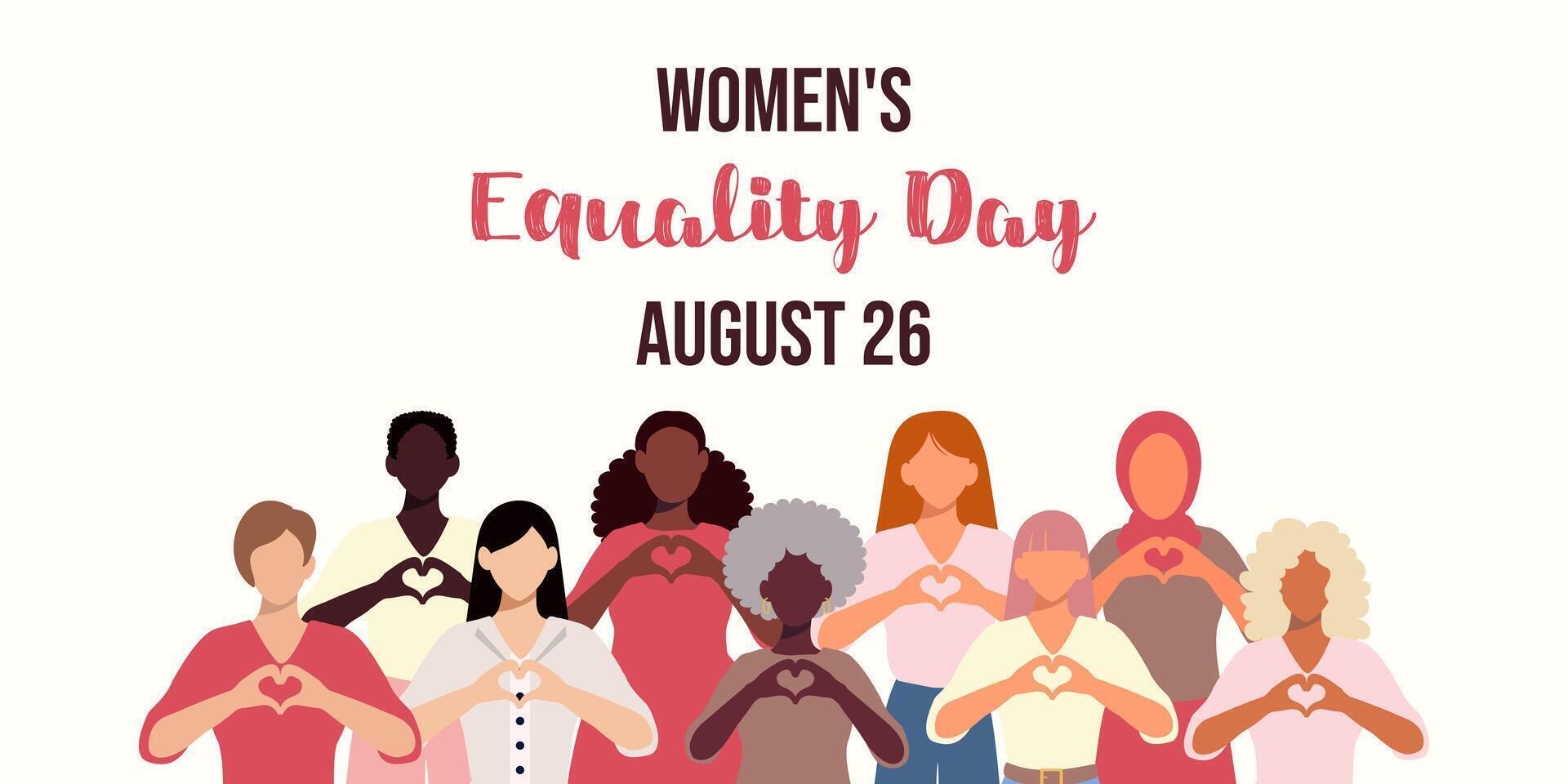 A poster for Women's Equality Day with a group of people holding hands and hearts. The poster is pink and white and has the date August 26 vector