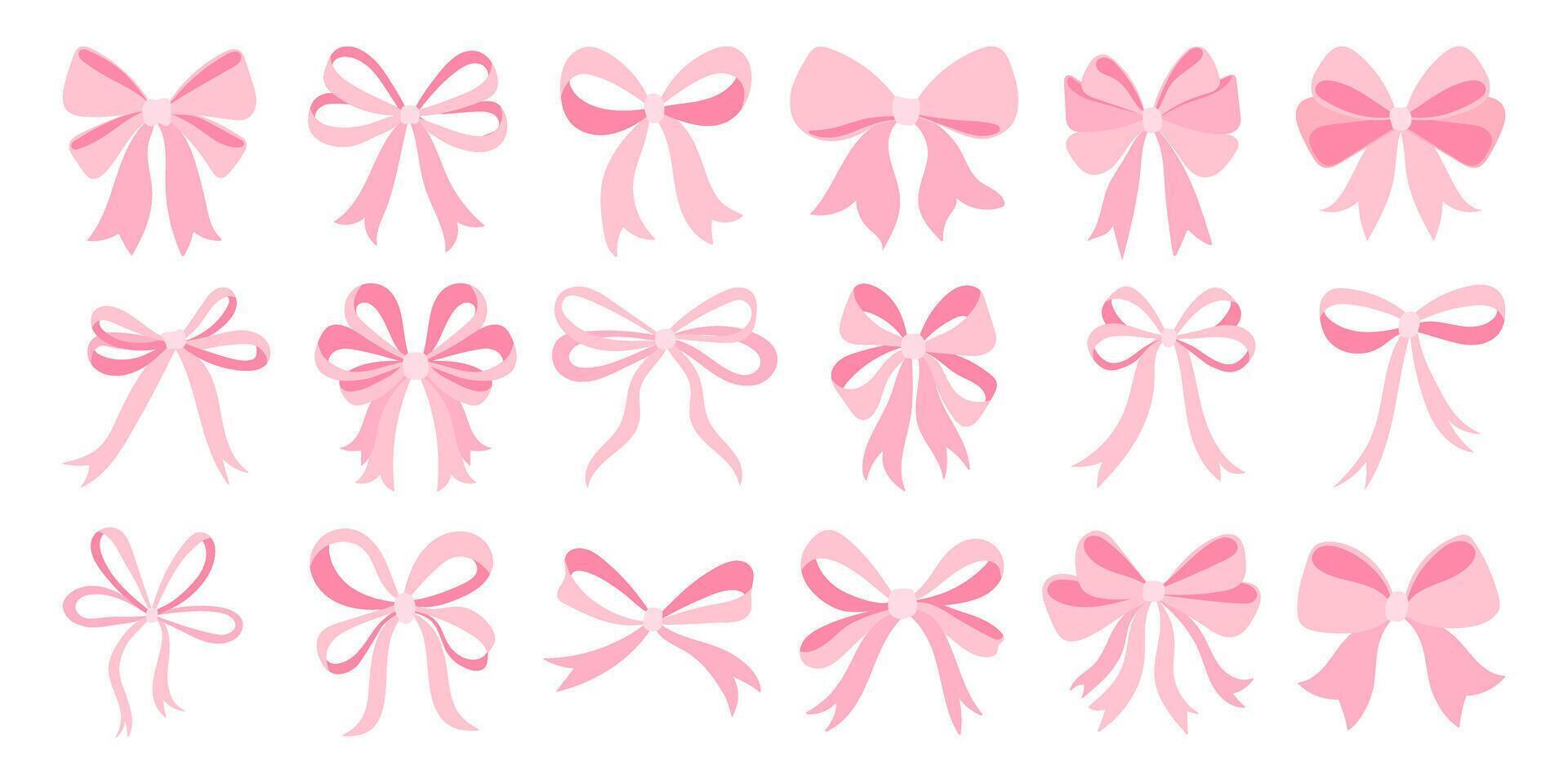 A set of pink bows are shown in various positions and orientations. The bows are all different sizes and shapes, but they all have a similar pink color vector