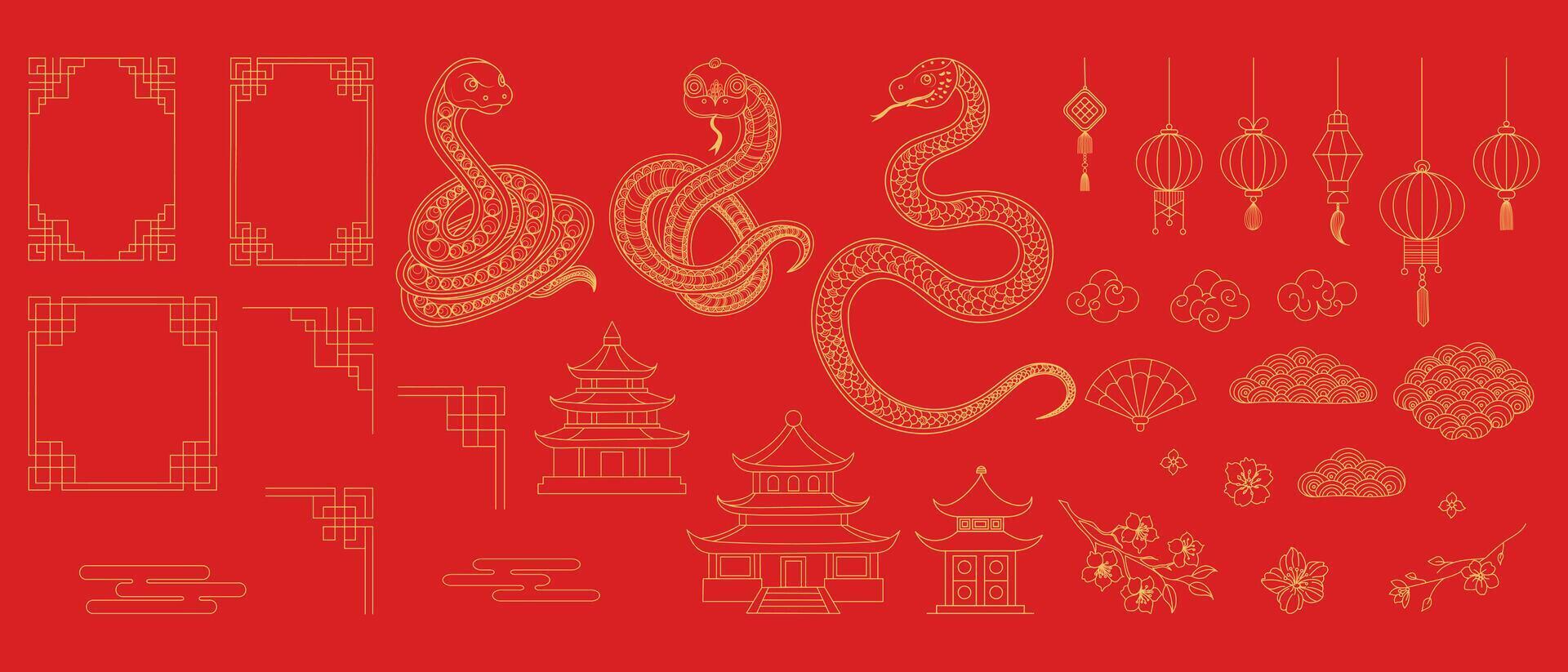 Chinese New Year 2025 set with a red background with a lot of different gold shapes and symbols vector