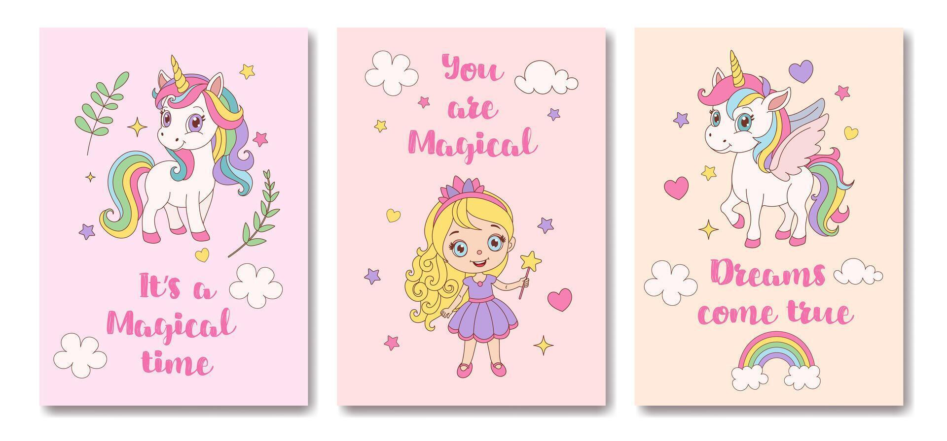 Children's magical posters. A set of three unicorn cards with a girl holding a wand and a rainbow. The cards say You are magical and It's a magical time vector
