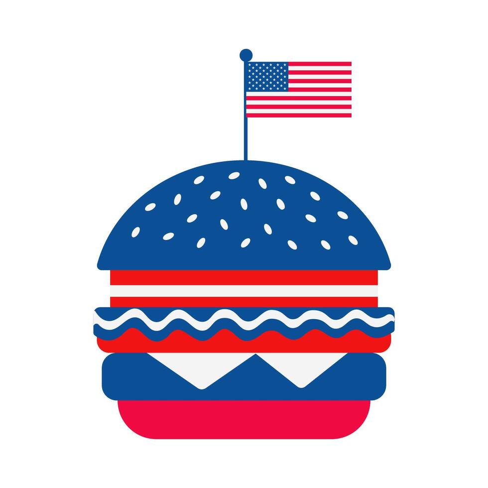 4th of July hamburger with a flag on top of it. The hamburger is red, white, and blue vector