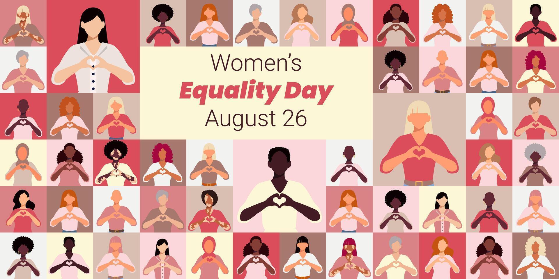 A poster for Women's Equality Day with a collage of people holding hands and hearts. The poster is pink and white and features a variety of people of different ages and races vector