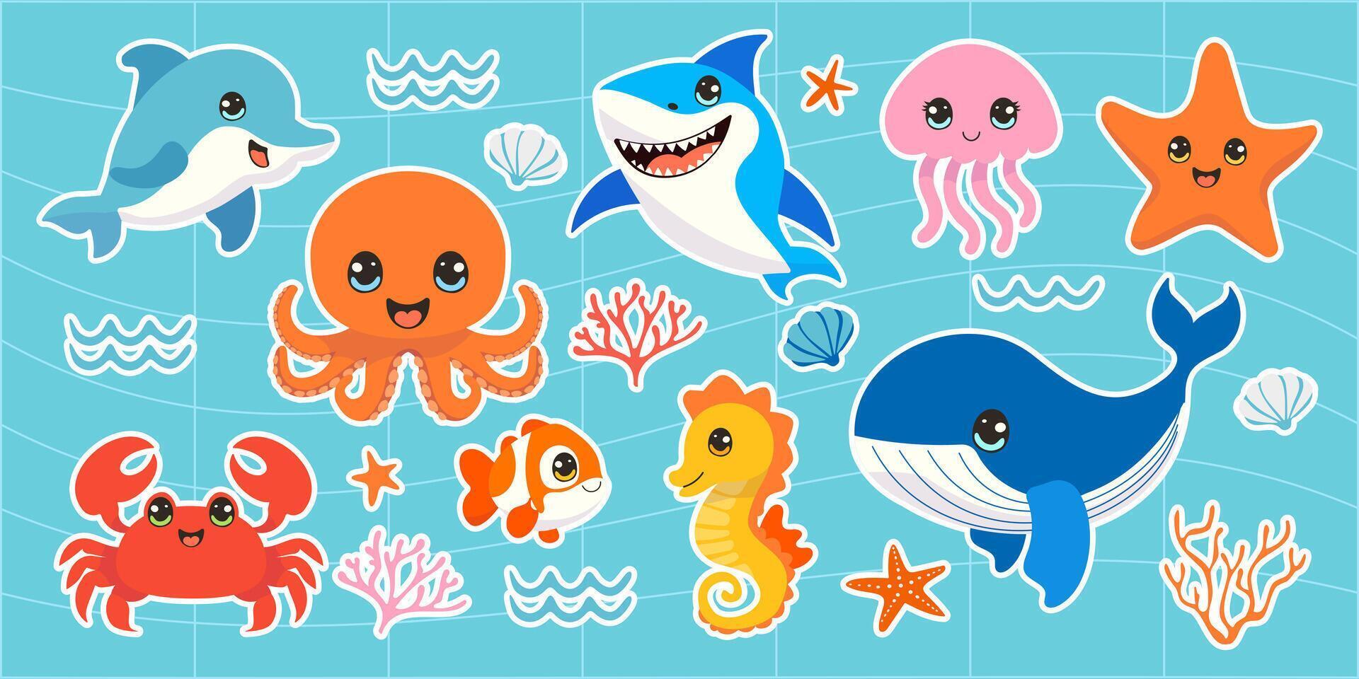 A collection of cartoon sea creatures including a whale, octopus, and starfish vector