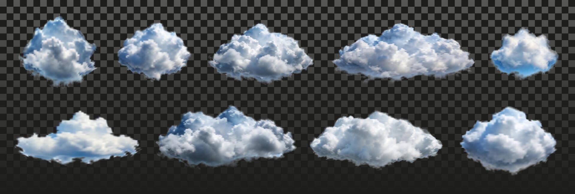 A collection of smoky realistic clouds in various sizes and shapes. The clouds are scattered across the sky, with some appearing closer to the viewer and others further away vector