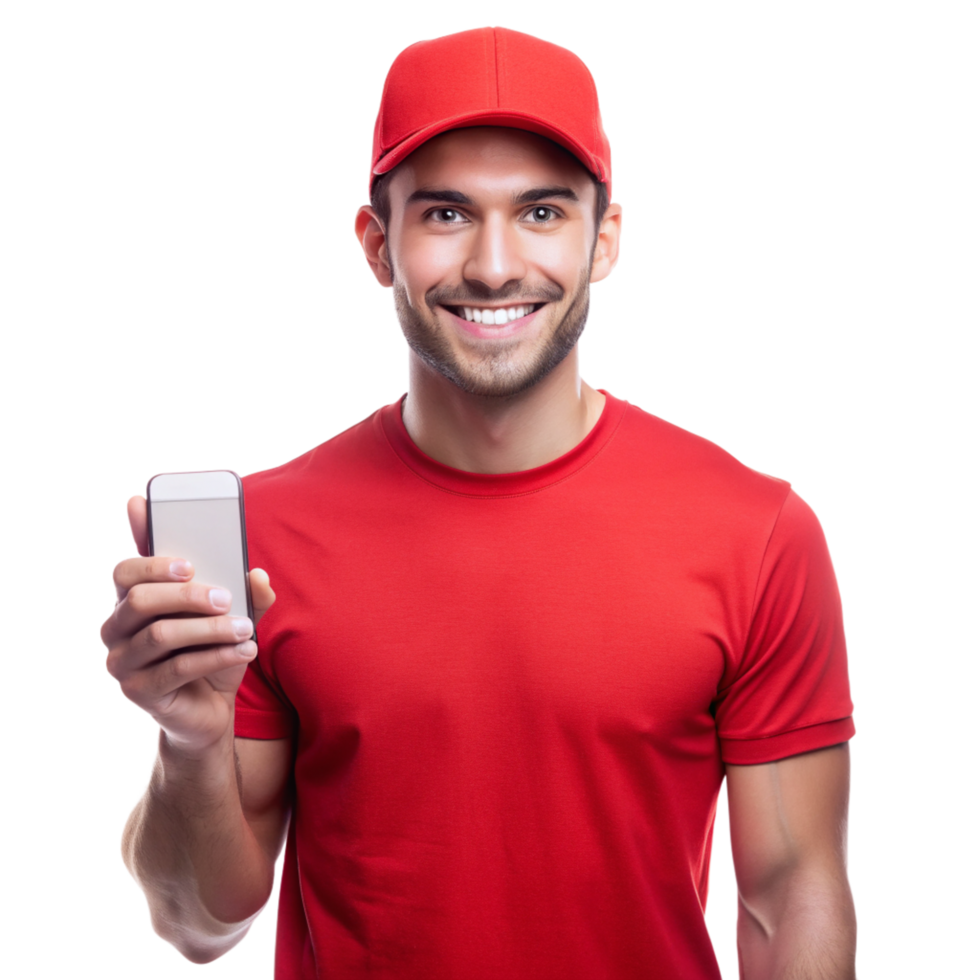 Smiling young guy red tshirt show phone isolated on transparent background png