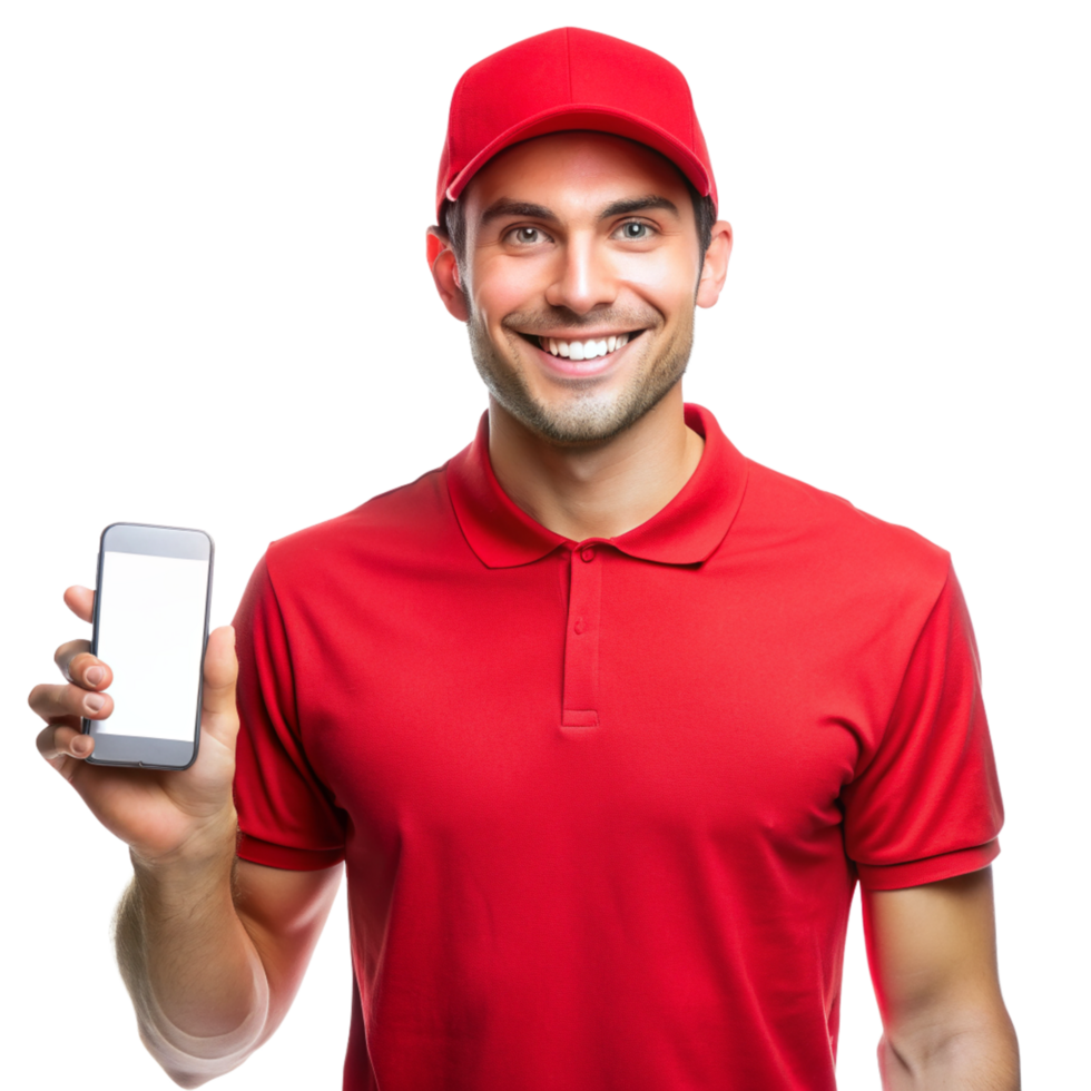 Smiling young guy red tshirt show phone isolated on transparent background png