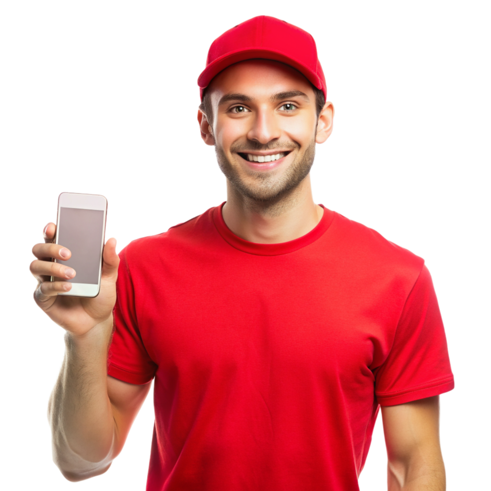 Smiling young guy red tshirt show phone isolated on transparent background png