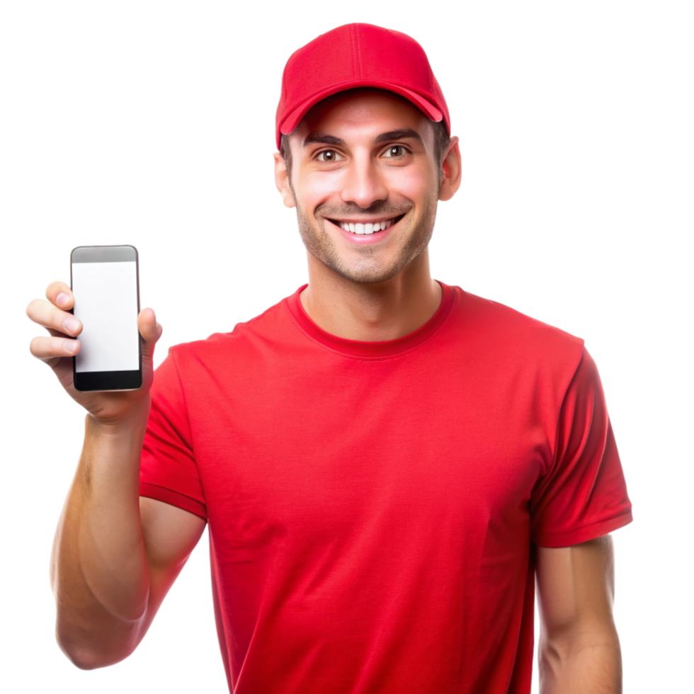Smiling young guy red tshirt show phone isolated on transparent background png