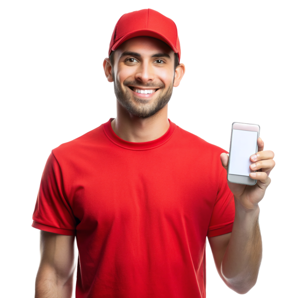 Smiling young guy red tshirt show phone isolated on transparent background png