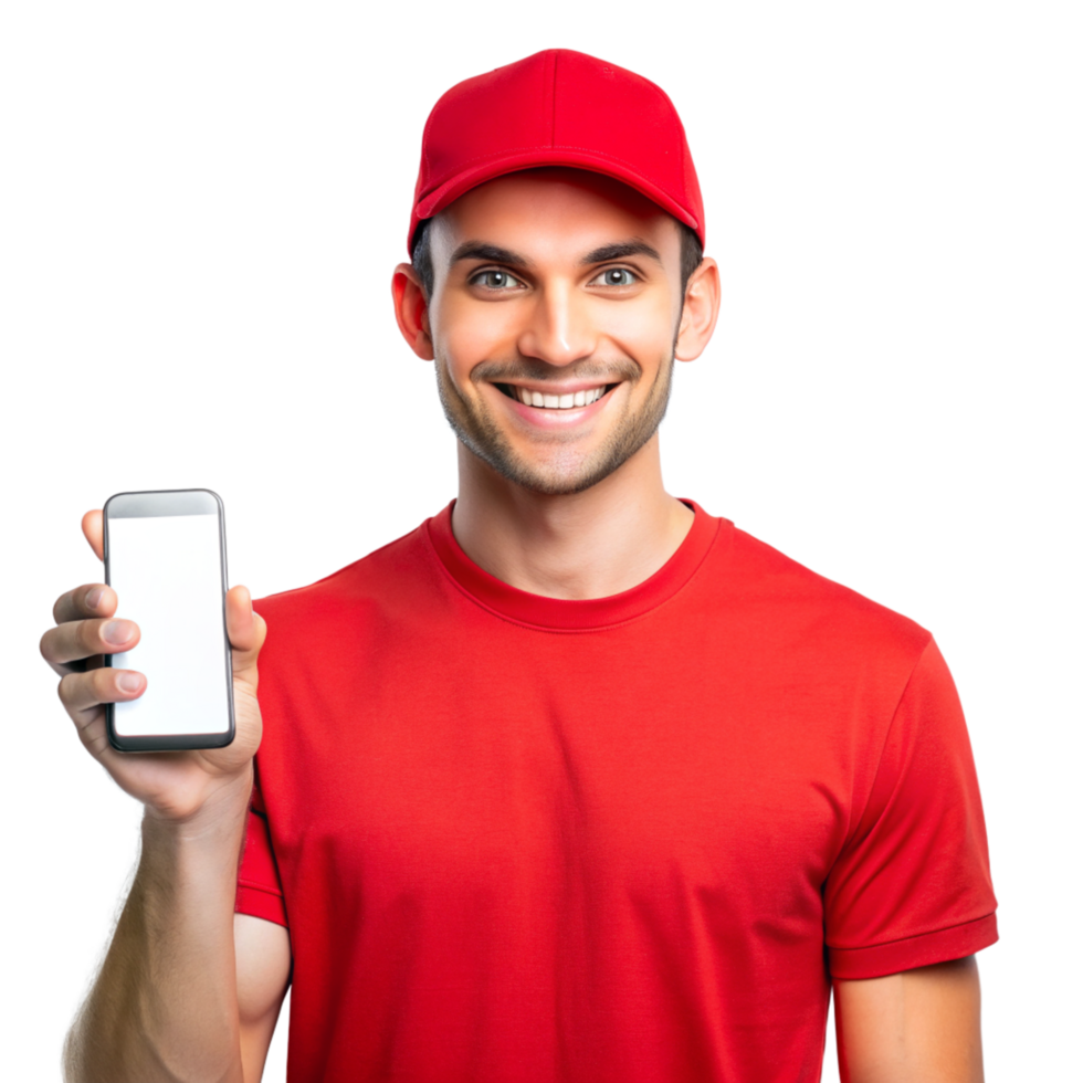 Smiling young guy red tshirt show phone isolated on transparent background png