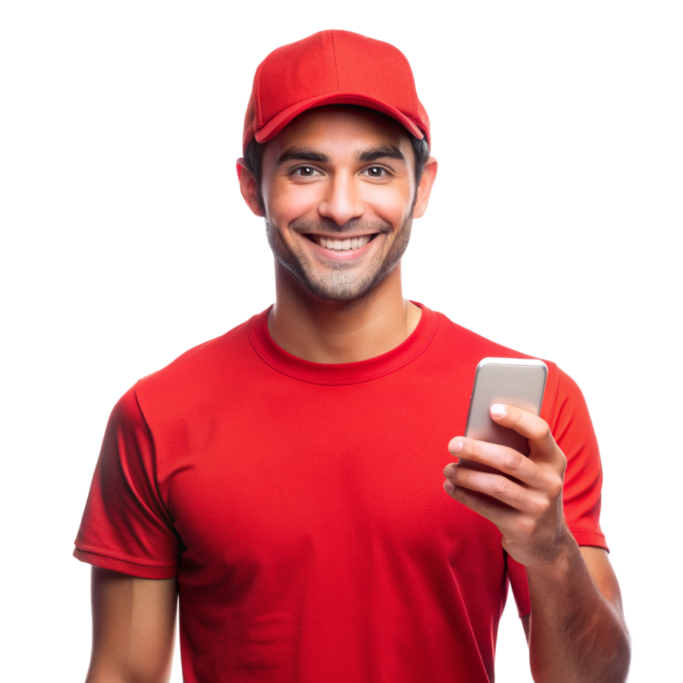 Smiling young guy red tshirt show phone isolated on transparent background png
