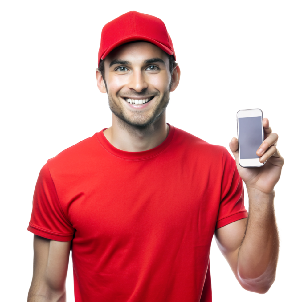 Smiling young guy red tshirt show phone isolated on transparent background png