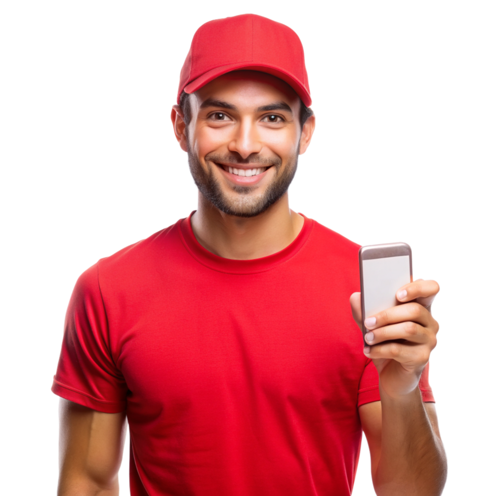 Smiling young guy red tshirt show phone isolated on transparent background png