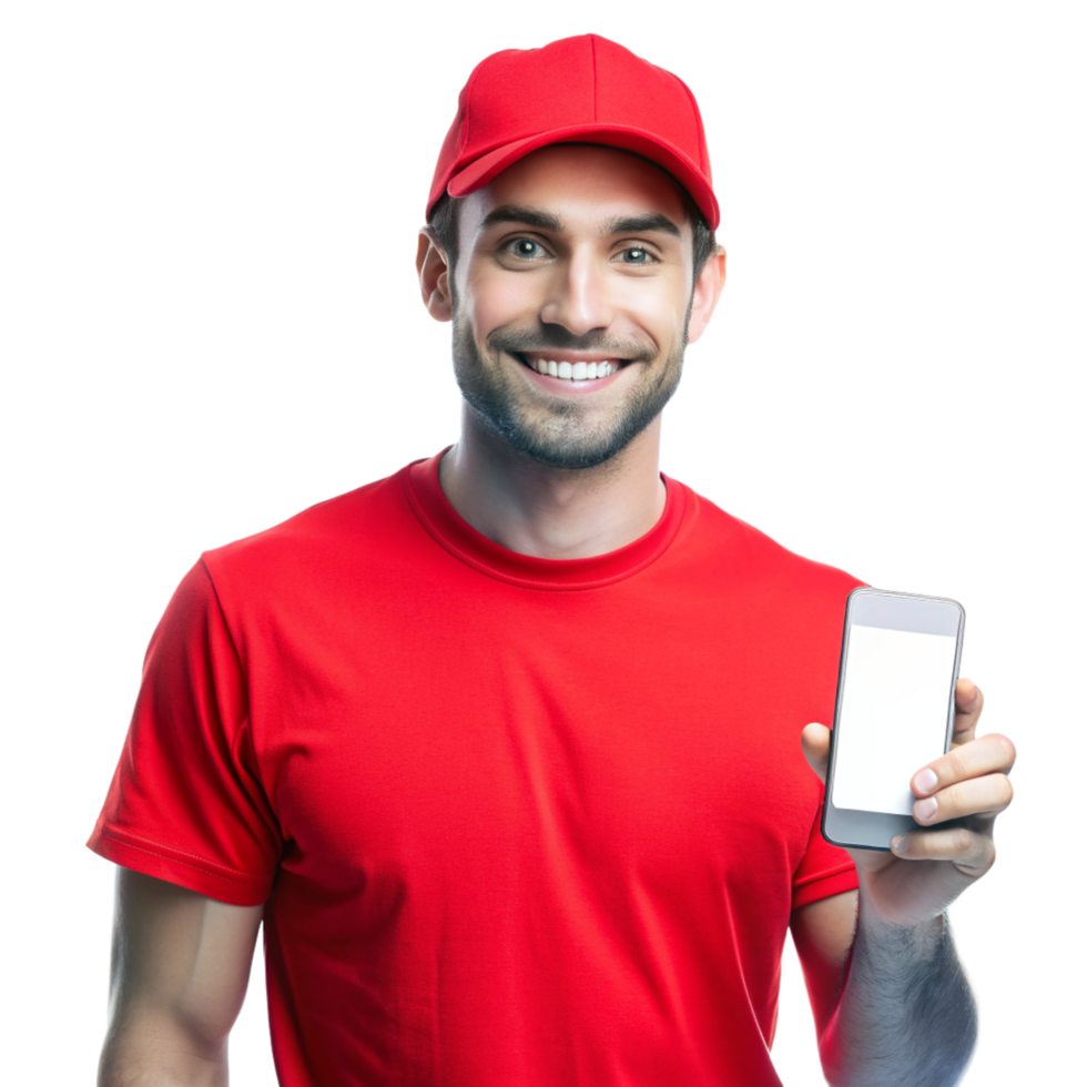 Smiling young guy red tshirt show phone isolated on transparent background png