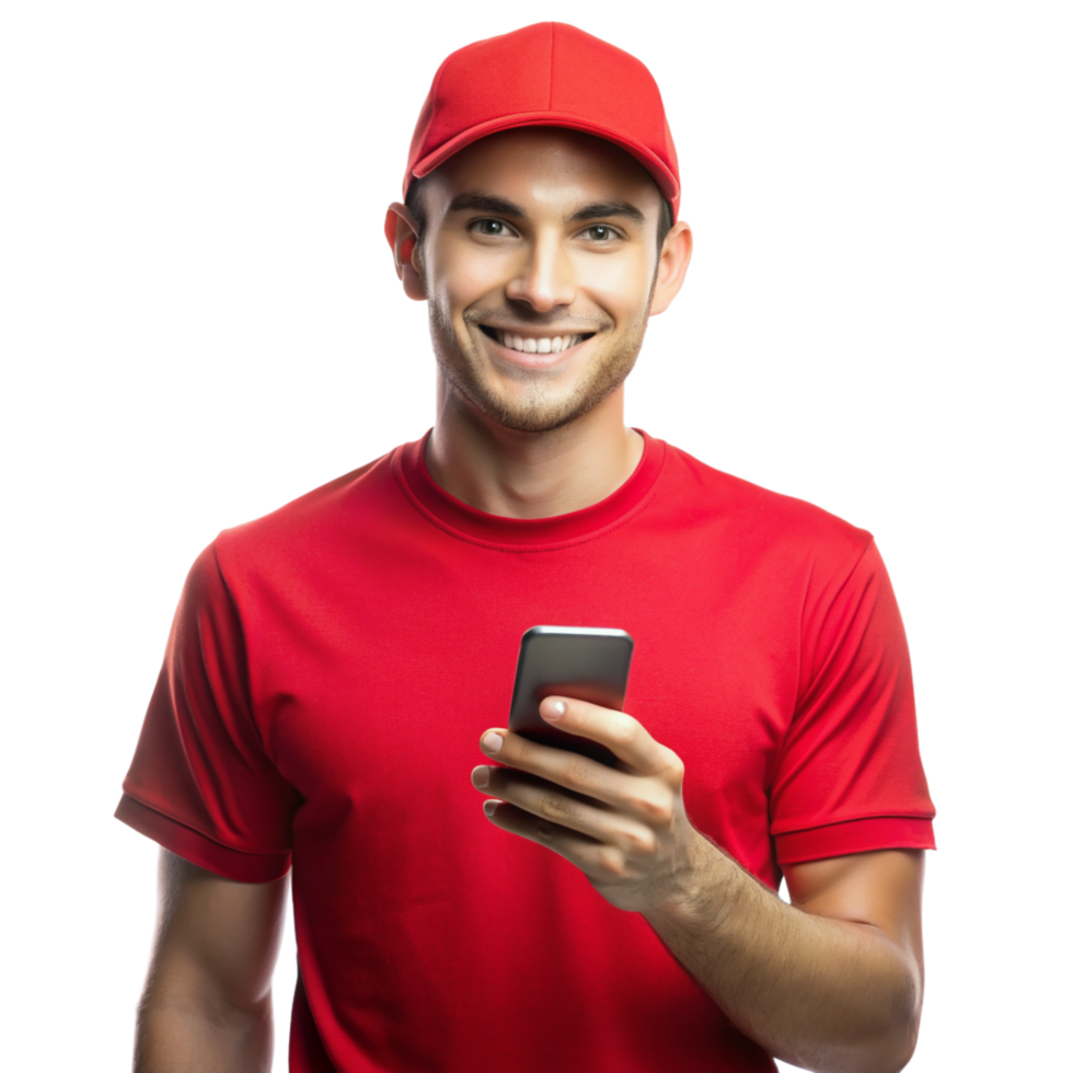 Smiling young guy red tshirt show phone isolated on transparent background png