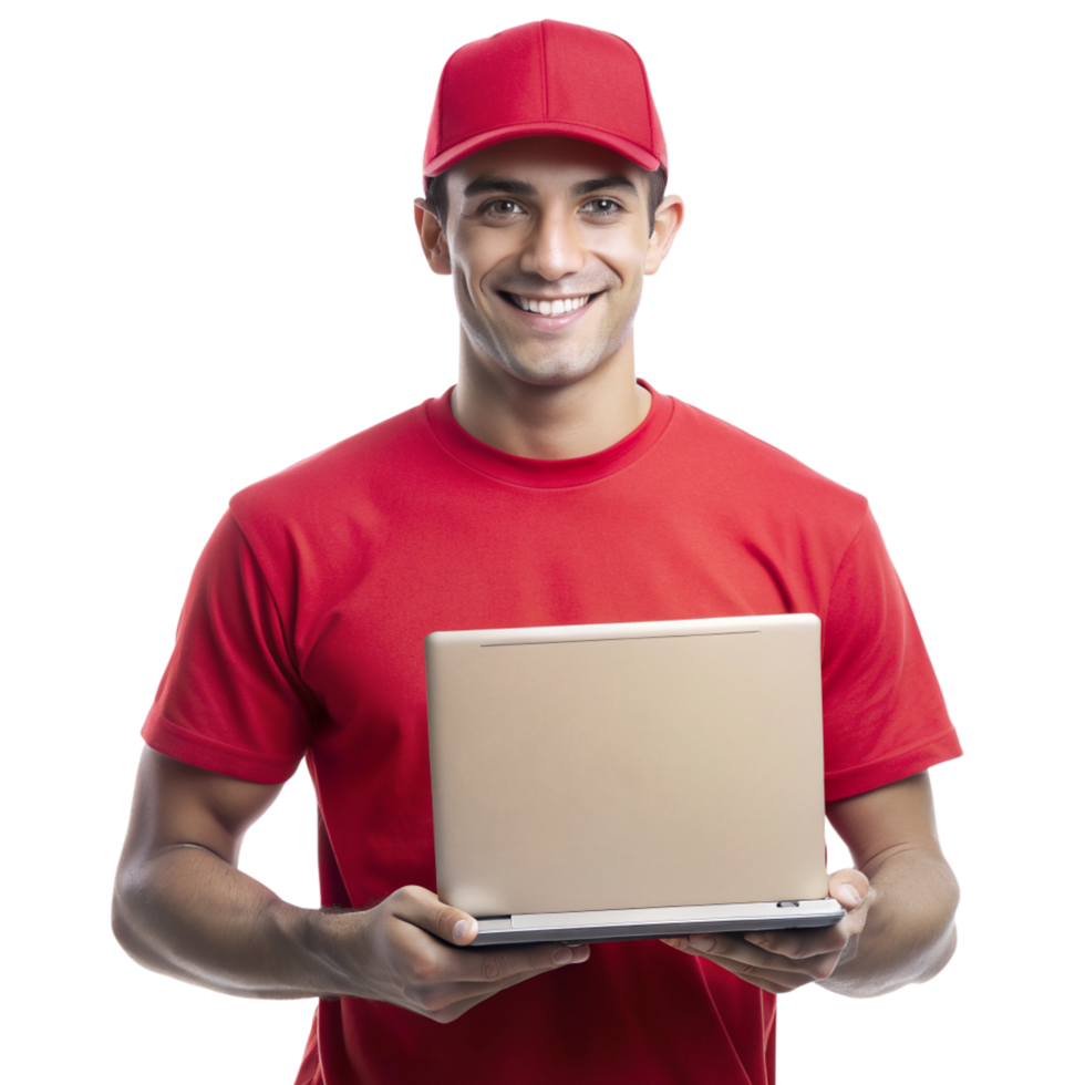 Smiling young guy red tshirt show laptop isolated on transparent background png