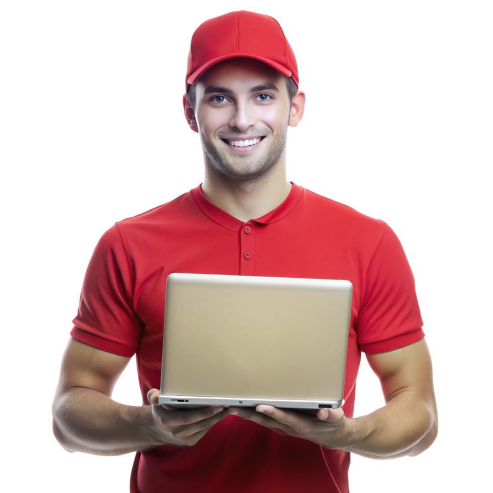 Smiling young guy red tshirt show laptop isolated on transparent background png