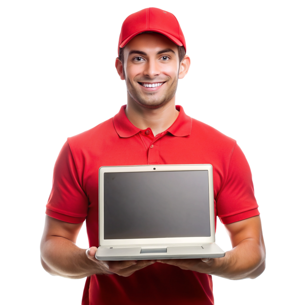 Smiling young guy red tshirt show laptop isolated on transparent background png