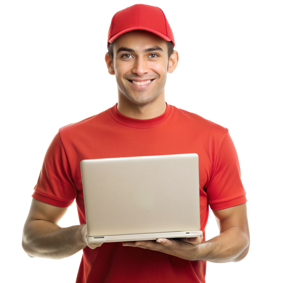 Smiling young guy red tshirt show laptop isolated on transparent background png