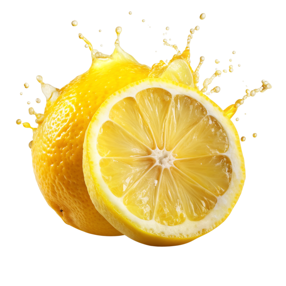 Lemon cut in half splash-of lemon color around isolated on transparent background png