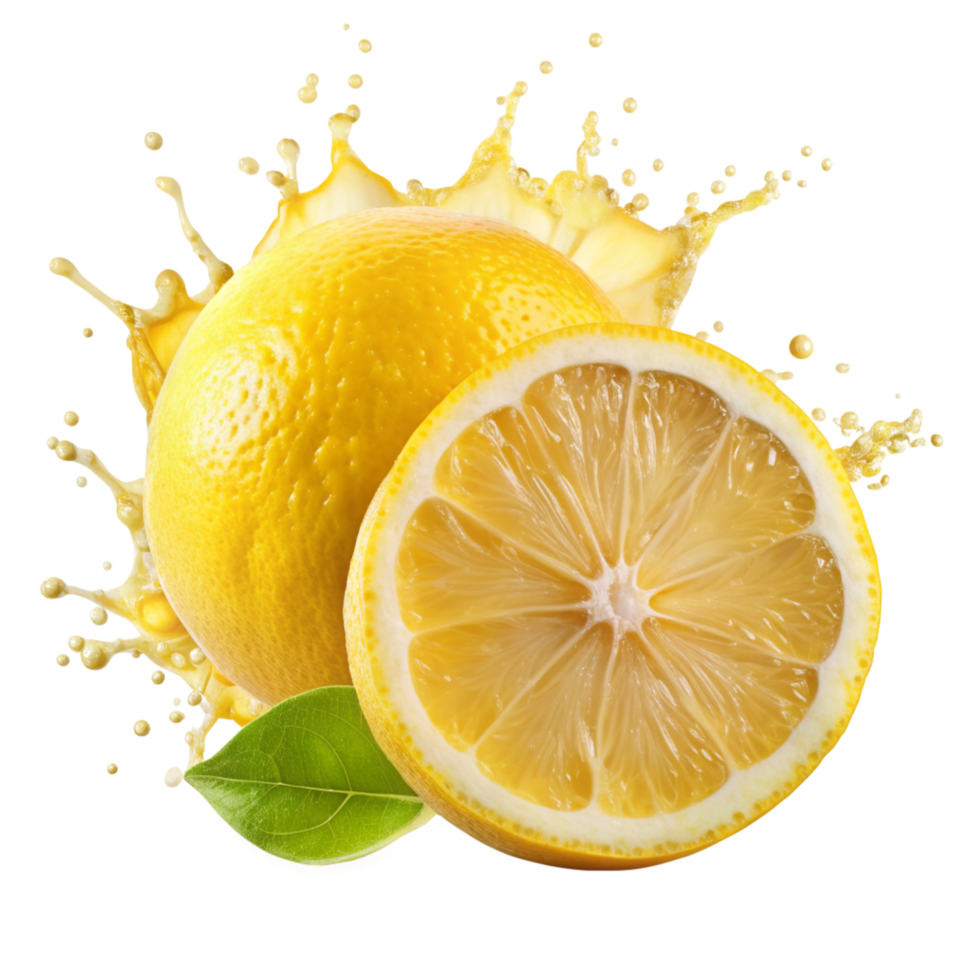 Lemon cut in half splash-of lemon color around isolated on transparent background png