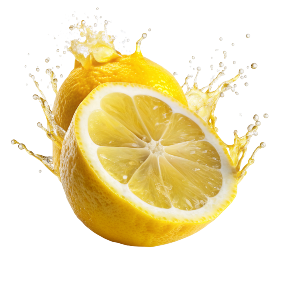 Lemon cut in half splash-of lemon color around isolated on transparent background png