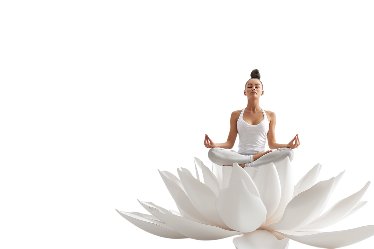 Isolated woman in yoga lotus pose on lotus flower against transparent background png