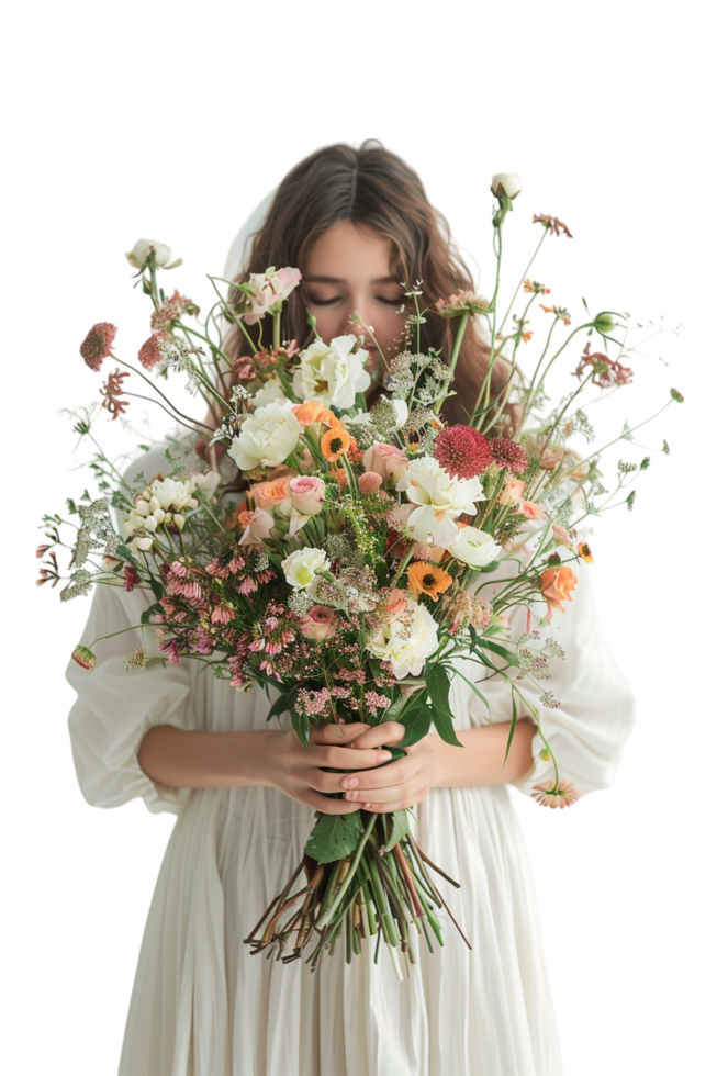 Isolated woman holding bouquet of flowers against transparent background png