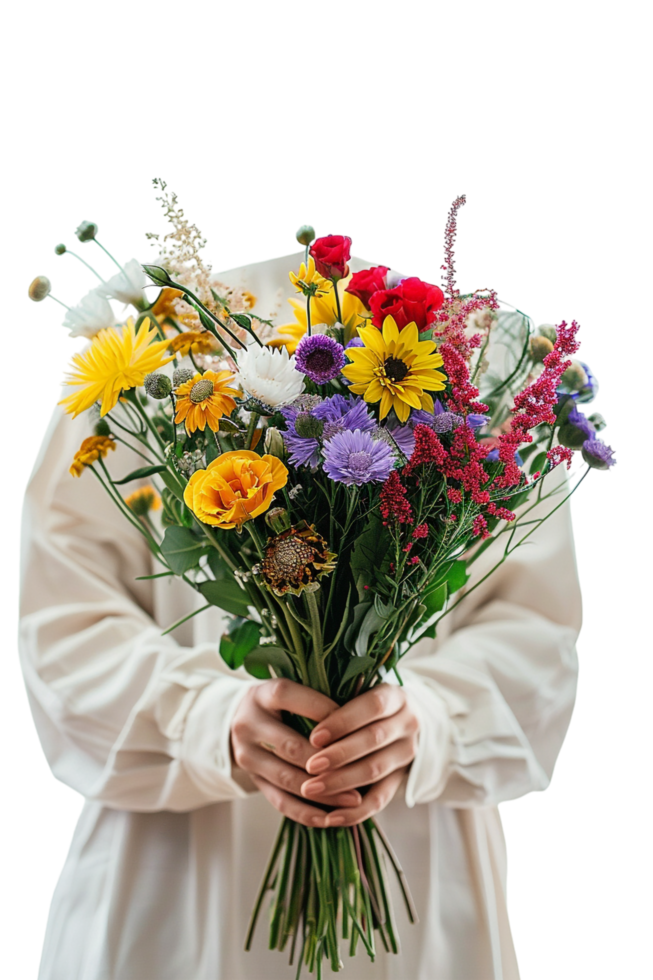 Isolated woman holding bouquet of flowers against transparent background png