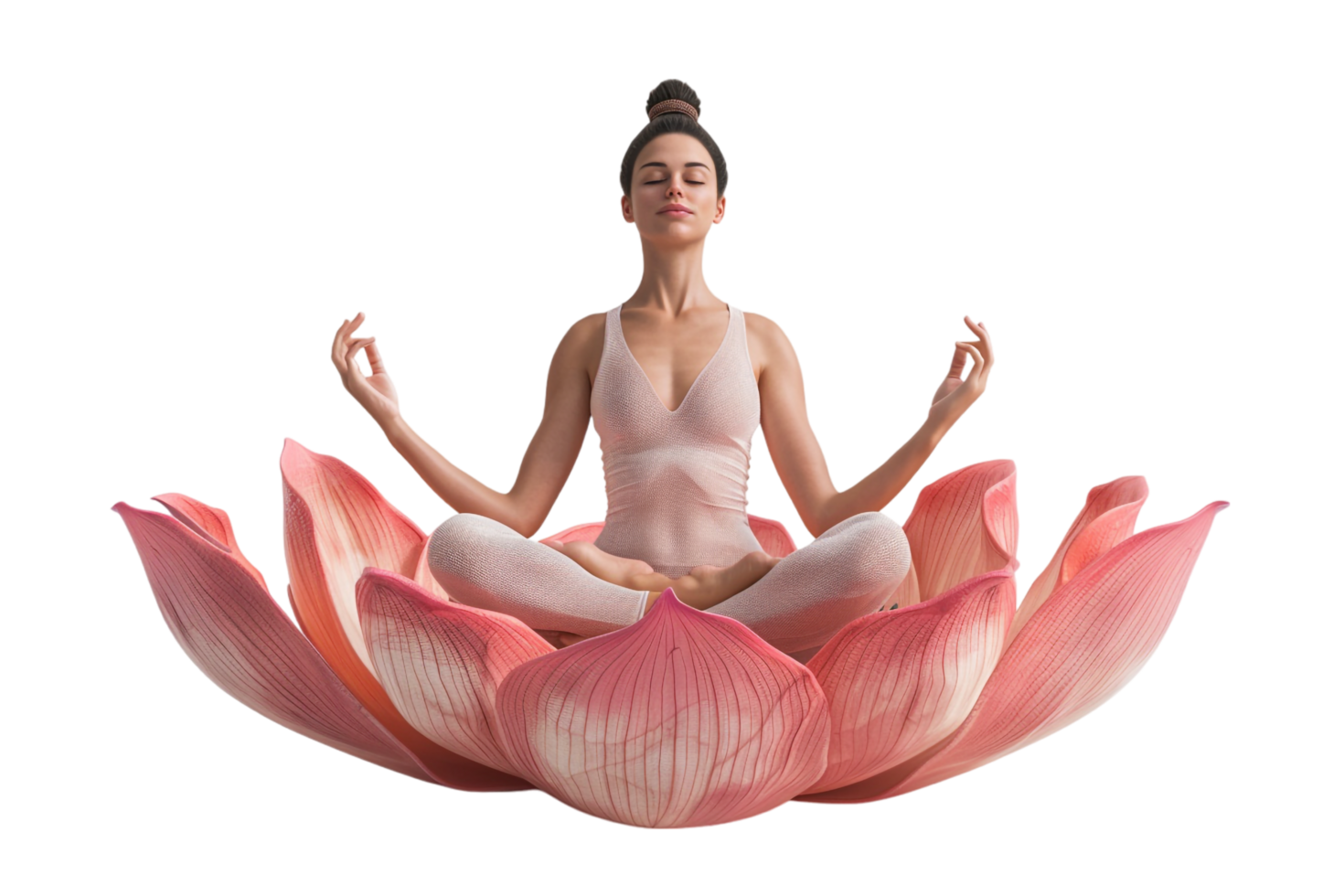 Isolated woman in yoga lotus pose on lotus flower against transparent background png
