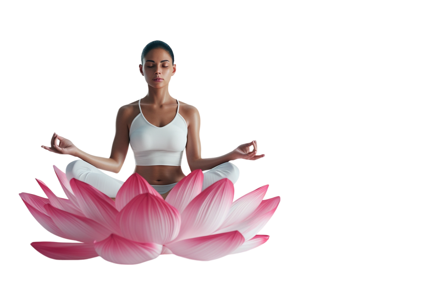 Isolated woman in yoga lotus pose on lotus flower against transparent background png