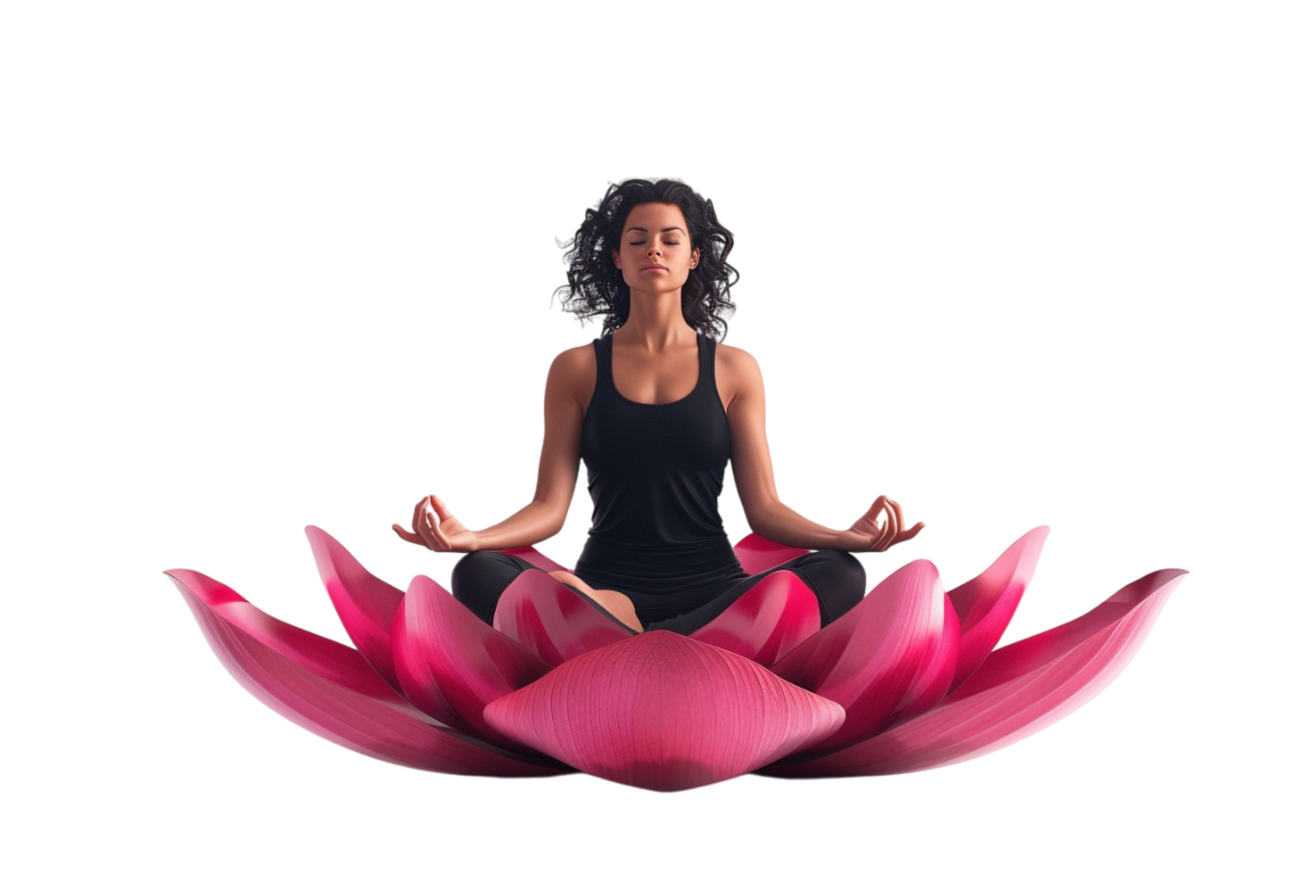 Isolated woman in yoga lotus pose on lotus flower against transparent background png
