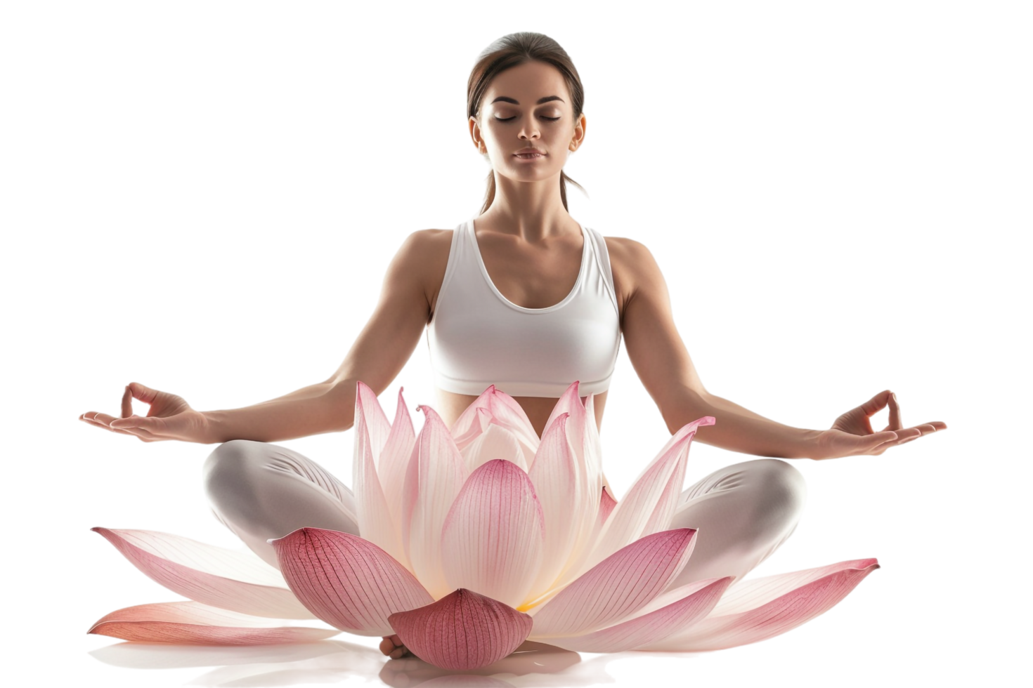 Isolated woman in yoga lotus pose on lotus flower against transparent background png