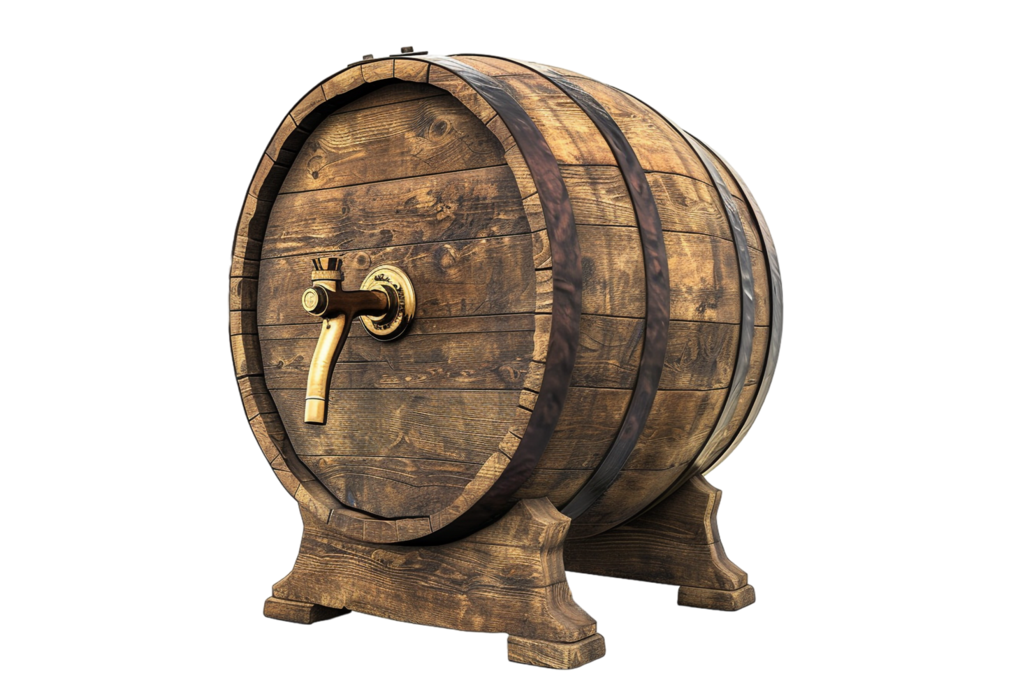 Isolated wooden beer barrel with faucet against transparent background png