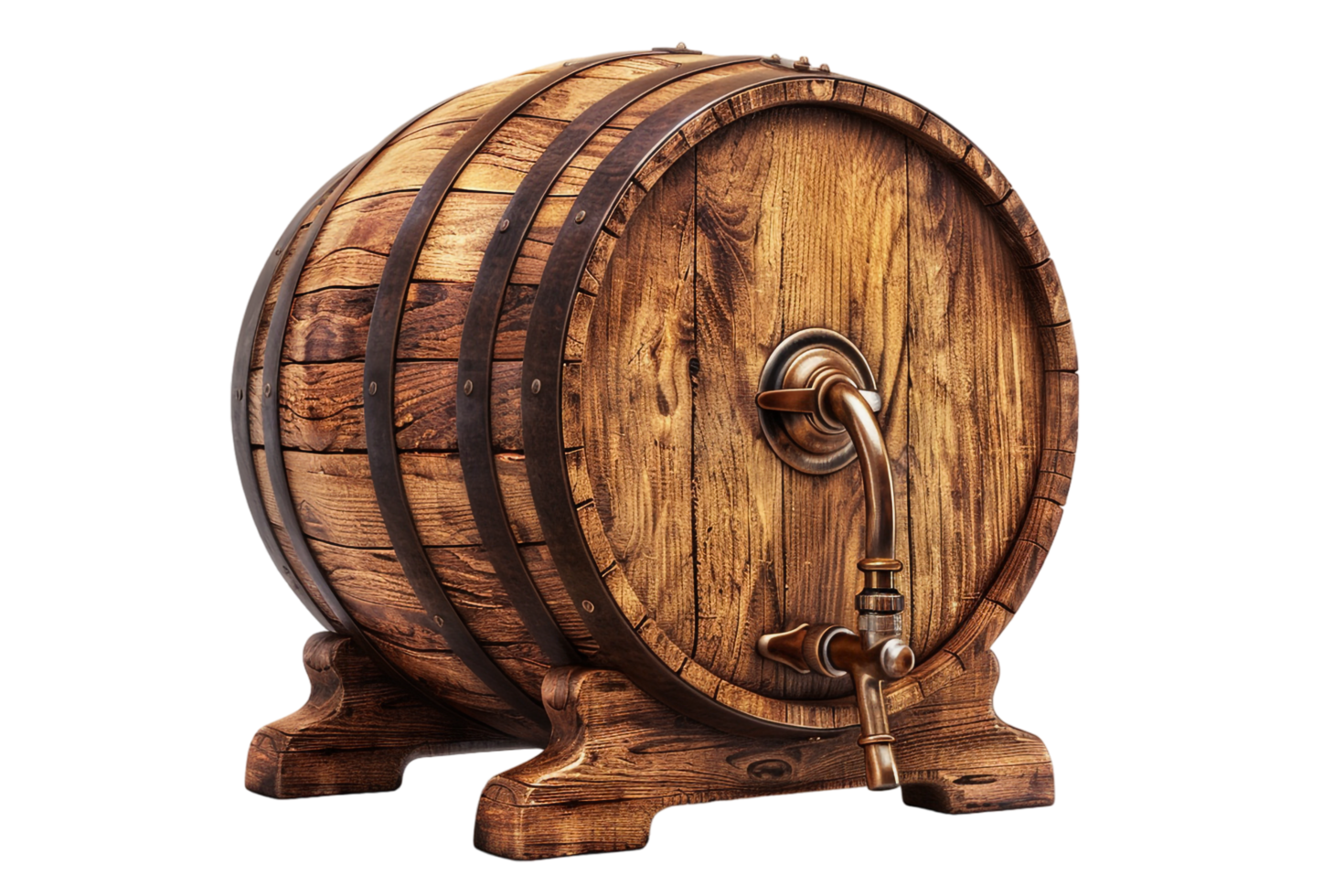 Isolated wooden beer barrel with faucet against transparent background png
