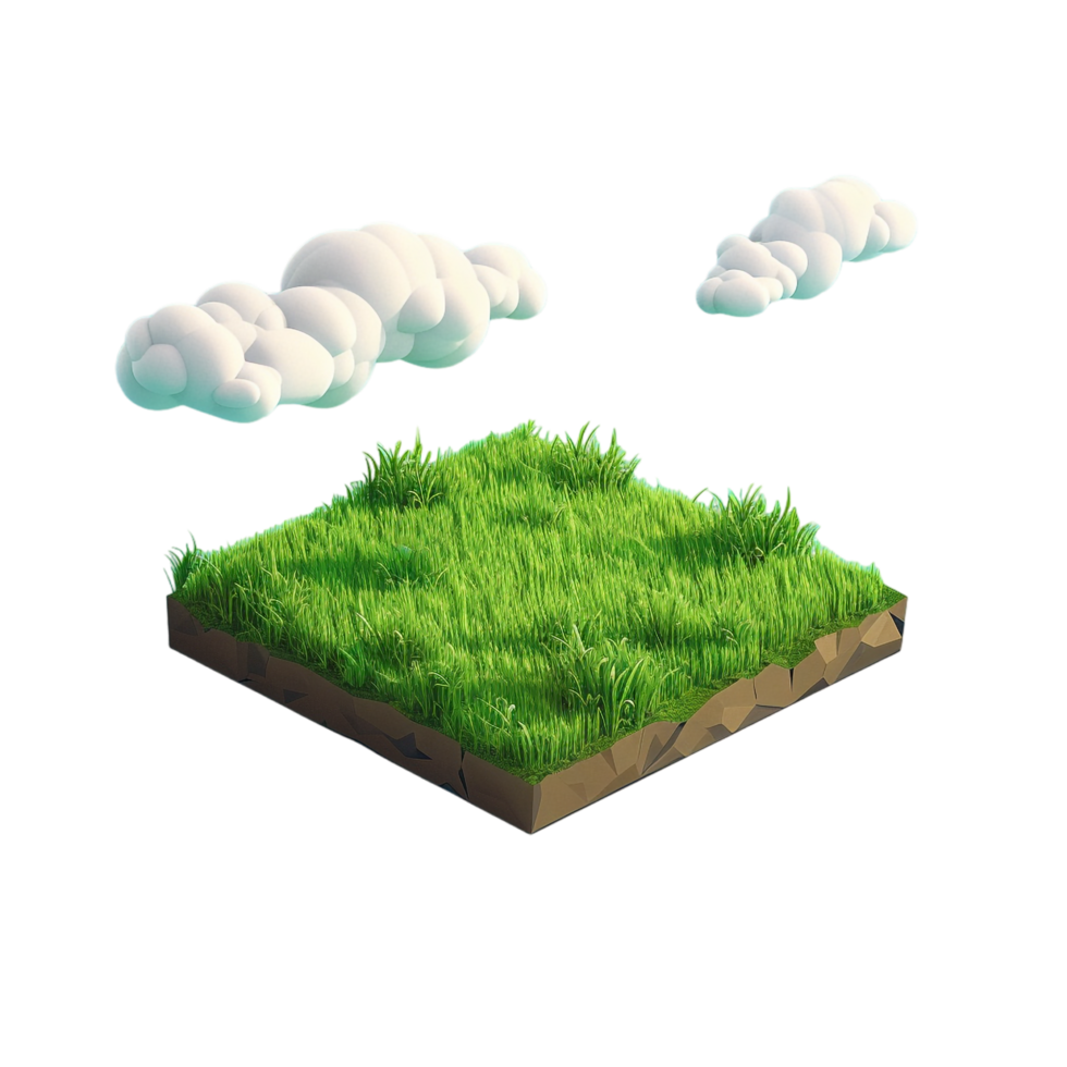 Isometric empty grass field with sky and clouds png