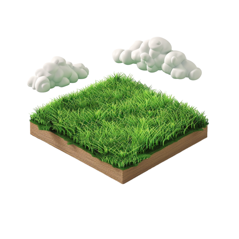 Isometric empty grass field with sky and clouds png