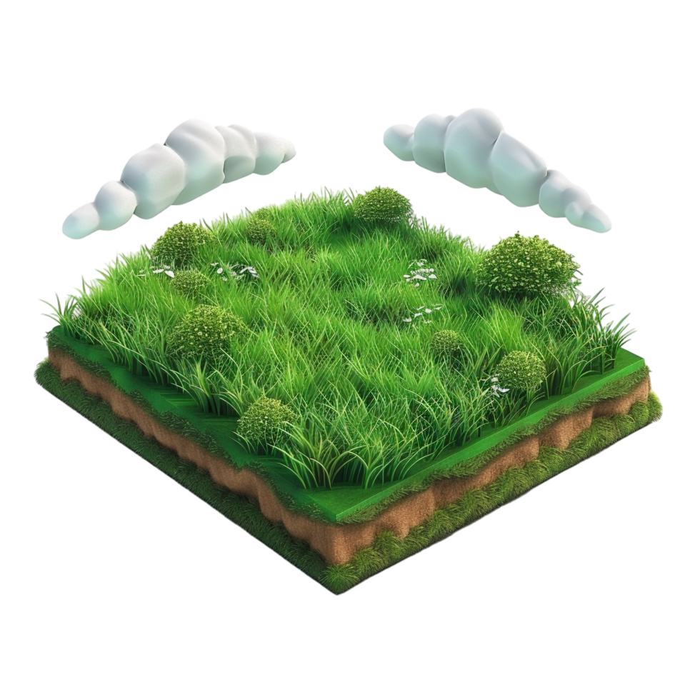 Isometric empty grass field with sky and clouds png