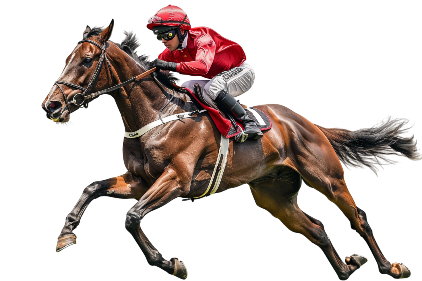 Jockey riding a running horse alone against transparent background png